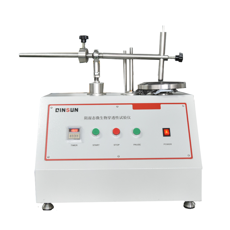 Application: Protective Clothing Tester Wet Microorganism Bacterial Penetration Resistance Tester Apparatus: used to measure the penetration performance of bacteria in the liquid when the material is subjected to mechanical friction (the shielding performance of the liquid against bacterial penetration by the mechanical friction chamber)   Standards: EN ISO 22610, EN 14126, Annex A, YY/T 0506.6   Feature: Automatic stop as preset counters. High stable testing performance from precise structure design. Stainless steel body provides high corrosion resistant performance. Adjustable loading pressure.   Specifications: Rotary speed: (60 ± 1)rpm The test refers to the pressure on the material: (3±0.02)N Outward wheel speed: 5~6 rpm Timer set range: 0~99.99min The inner and outer ring weights: (800±1)g   Principle: Place the specimen on AGAR plate. A piece of the same specification is placed on the specimen. Cover with a high density polyethylene film about 10 microns thick.  The three layers of material  using the cone steel ring (the test material below, the mushroom center, high density polyethylene film on top) are stuck together. Place the ring on the AGAR plate on the turntable. The experiment means that the material can be applied to the material in a way that can be moved on the surface of the whole plate, so that the material is subjected to the combination of pressure and friction.  This model can simulate the force condition of the barrier material in the actual application and the microorganism penetration under the wet conditions. The microbes on the microbial migrate to the surface of the AGAR plate after penetrating the experimental material. Through the culture and colony count of AGAR plate, the penetration performance of the test material can be quantitatively evaluated.   Parameters: Item	Detail Rotary speed	60rpm Pressure from finger	3N±0.02N Excentric speed	5-6rpm Time	0-99.99min Loading weight	800g Power supply	220V 50Hz Dimension	550mm×300mm×450mm 21.65inch×11.81inch×17.72inch Net weight	27kg 59.52lb